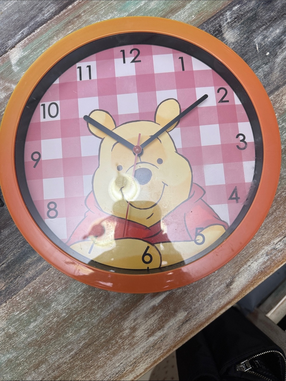 Winnie the Pooh Orange Frame Wall Clock with Pink Gingham Face